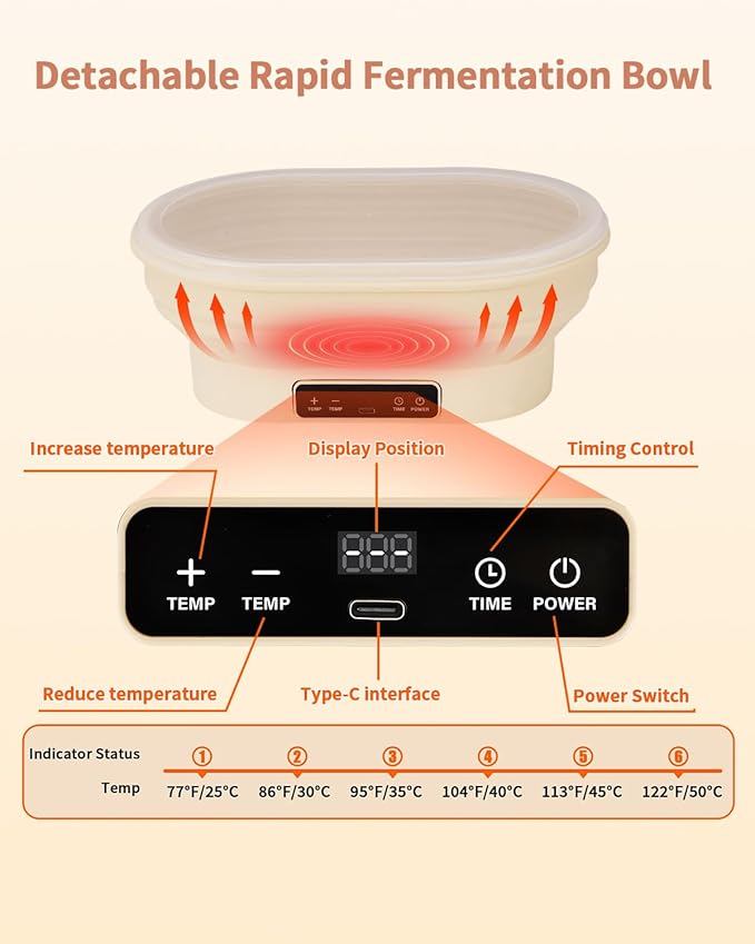 2L Heating Bread Proofing Basket Set Foldable Thermostatic Silicone Bowl with 77-122℉ 6 Gears Temperature & 6H Timer, for Artisan Baking Sourdough Starter Bread Making Supplies Tools Kit