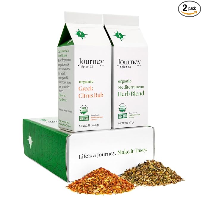 Gourmet Organic Greek Citrus Rub & Mediterranean Herb Blend Seasoning Gift Set by Journey Spice Co. | Salt-Free | No MSG | Greek Spice Seasoning | 4.76 oz. (total) | Resealable/Reusable Cap