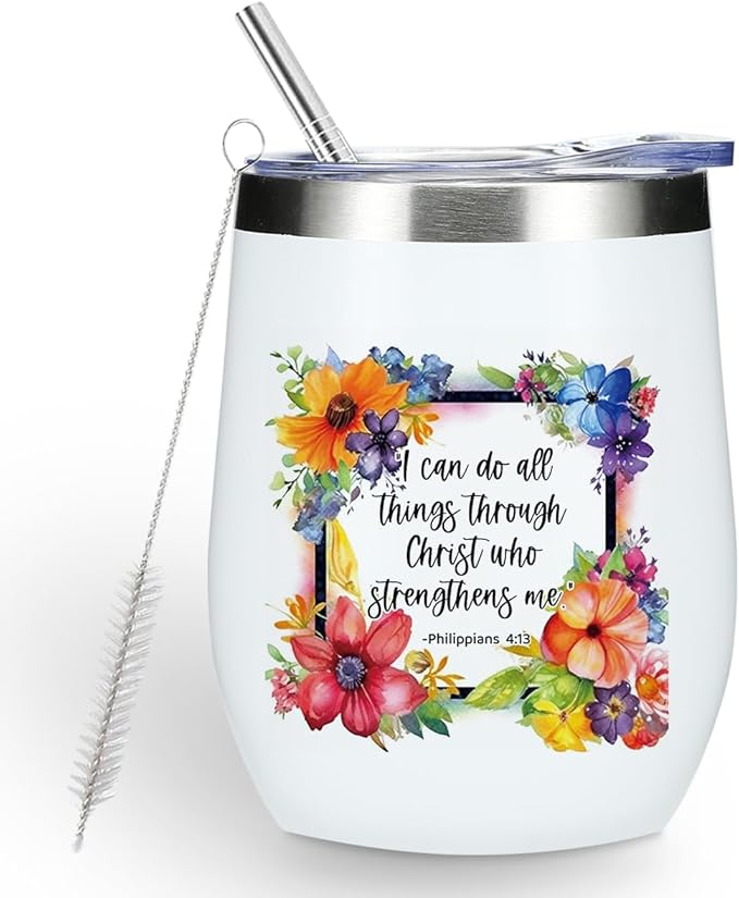 Inspirational Pray Christian Gifts for Women Wine Tumbler Insulated Wine Glasses 12 oz Tumbler with Lid Bible Verse Religious Gifts for Female Girls Mom Grandma Coworker Birthday Christmas Anniversary