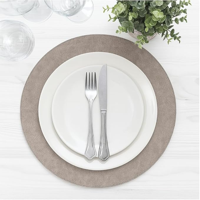 Morgan Faux Leather Round Set of 12 Placemats, 15", Grey, Heat Resistant, Stain Resistant, Non-Slip, Reversible, Durable Table Mats for Kitchen, Dining Table, Indoor Washable Use