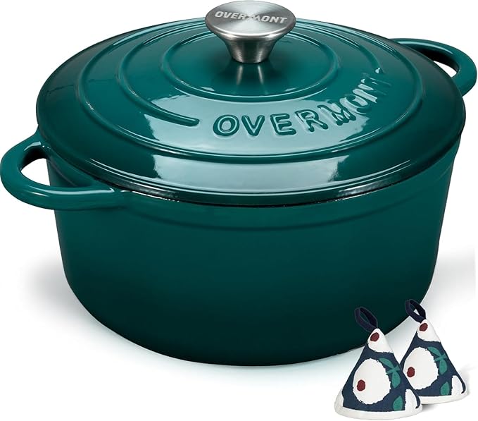 Overmont Enameled Cast Iron Dutch Oven - 5.5QT Pot with Lid Cookbook & Cotton Potholders - Heavy-Duty Cookware for Braising, Stews, Roasting, Bread Baking bottle green