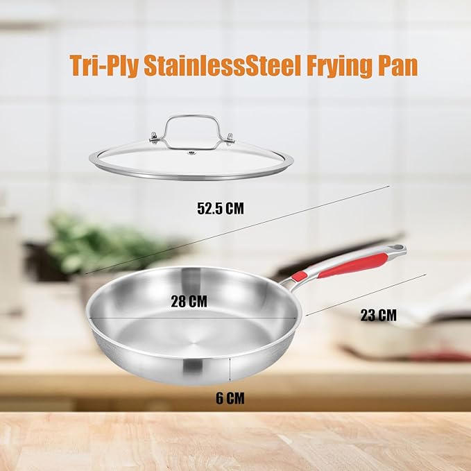Inqibee 12 Inch Tri-Ply Stainless Steel Frying Pan with Lid, Skillet, Induction Cooking Pan, Dishwasher Safe, Detachable Large Handle