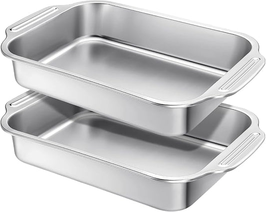 2 Pcs Stainless Steel Cake Pan 15 x 10 Inch Baking Pan with Handle Rectangle Baking Bakeware for Fish Cakes Breads Casseroles Vegetables Dishwasher Safe