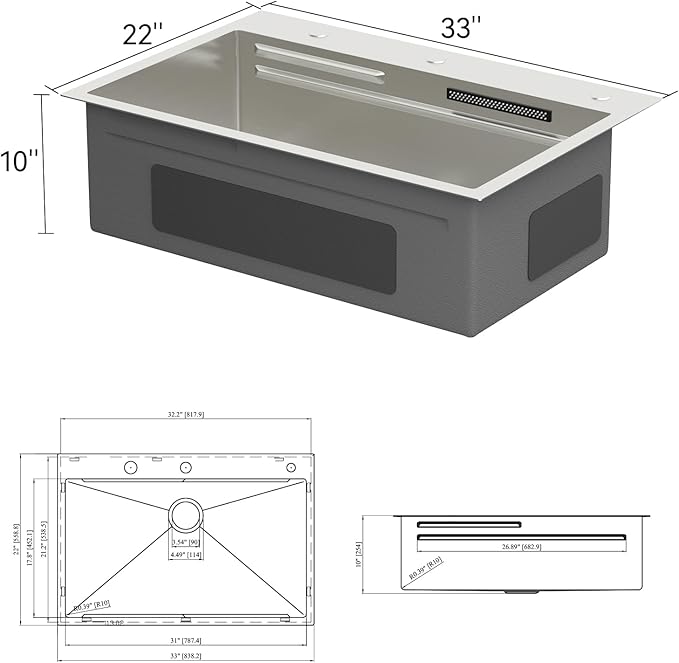 Lordear 33 Watefall Kitchen Sink 33x22 Drop In Kitchen Sink Stainless Steel 16 Gauge Single Bowl Multifunctional Workstation Sinks with Built-in Accessories,Split Faucet Style