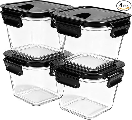 4 Cup Square Borosilicate Glass Food Storage Containers, 32oz Tall Glass Soup Containers with Lids, Large Square Meal Prep Bowl for Food, Salad, Lunch, Deli, Microwave, Freezer Saf (4Pack)