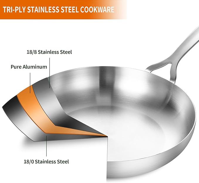 DELARLO 10inch Tri-Ply Stainless Steel Pan with lid, Induction Stainless Steel Frying Pan With Lid, Oven Safe Skillet 10in, Heat quickly and evenly, Durable Stainless Steel Cookware