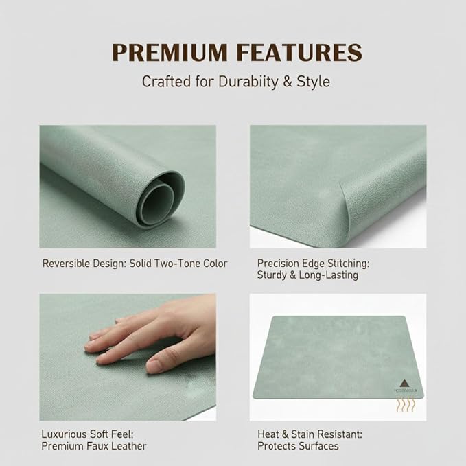 ICEDOG 12"x17" Waterproof PU Placemats - Faux Leather Heat-Resistant & Reversible Table Mats | Oil-Proof, Non-Slip for Kitchen, Dining, Outdoor BBQ (6, Green)