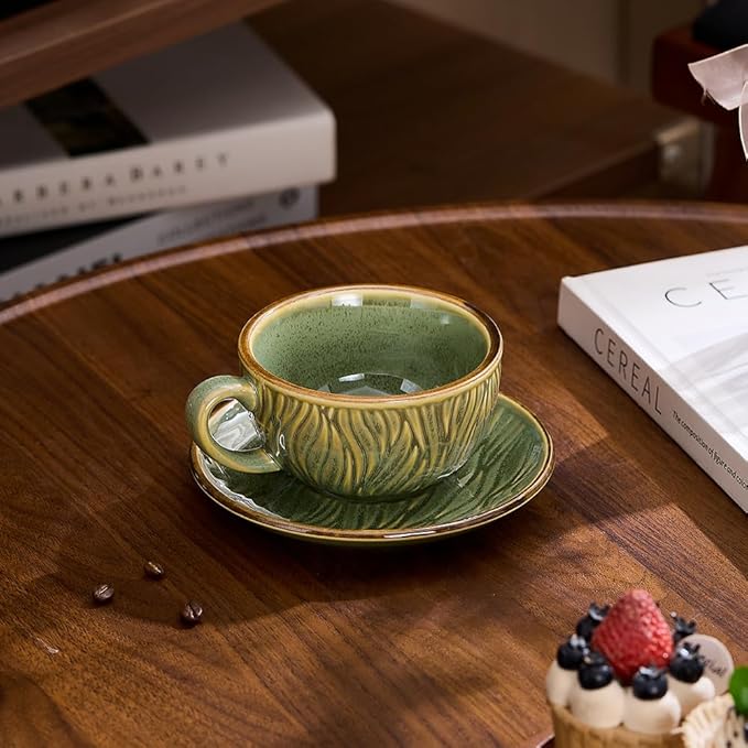 Vintage Design 12 oz Ceramic Latte Art Cappuccino Barista Cup with Saucer (Wave Green)