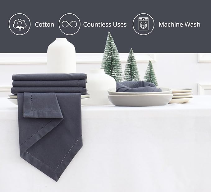 PurpleEssences Set of 12 Hemstitch Cloth Dinner Napkins 100% Cotton - Soft Durable Washable - Ideal for Wedding Christmas Holiday Winter - Perfect Everyday Use Table Linen 18x18 - Dark Gray