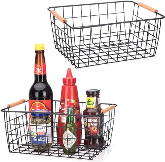 LeleCAT Wire Baskets with Wooden Handles Wire Storage Organizer Bin Baskets, Pantry, Closets, Bedrooms - Set of 2（Black）