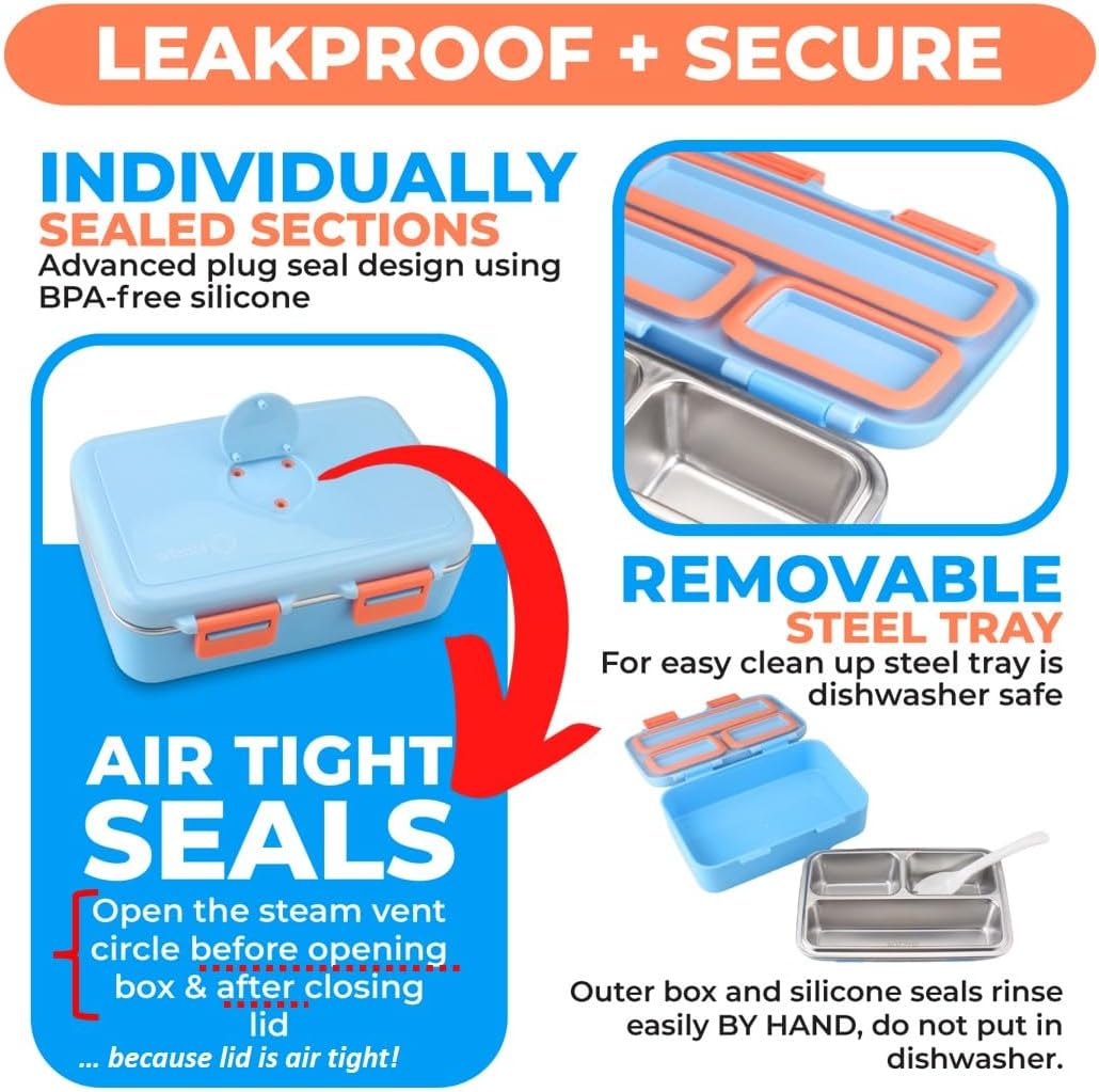 kinsho Stainless Steel Lunch Box for Baby Toddlers Boys, Mini Bento, 3 Eco Metal Portion Sections Leakproof Lid, Pre-School Daycare Lunches, Kids Spill-Proof Snack Container, 18 oz/550 mL, Blue