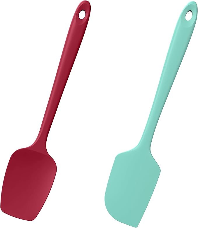 Doosu Silicone Scraper Spoon Spatulas, 600°F Heat Resistant BPA Free Rubber Flat Spatula, Kitchen Mixing Stirring Cooking Spoonula, Non-Stick Dishwasher Safe Baking Supplies (2 Pcs, Aqua+Red)