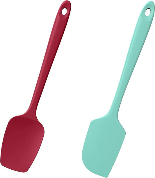 Doosu Silicone Scraper Spoon Spatulas, 600°F Heat Resistant BPA Free Rubber Flat Spatula, Kitchen Mixing Stirring Cooking Spoonula, Non-Stick Dishwasher Safe Baking Supplies (2 Pcs, Aqua+Red)