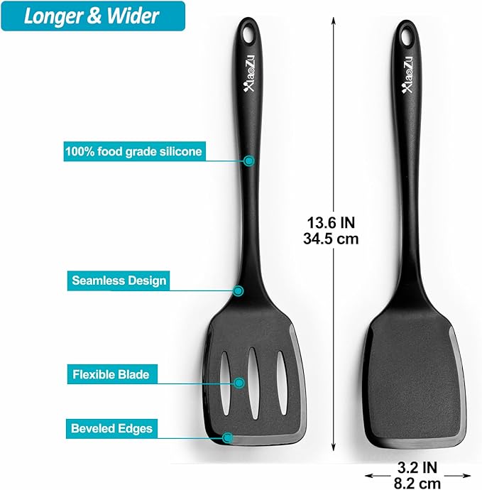 600˚F Heat Resistant Silicone Spatula Set, 13.6" Kitchen Spatula Turners for Non Stick Cookware, Flexible Spatulas with Thin Edges, Seamless Cooking Utensils for Fish, Eggs, Pancakes, BLACK