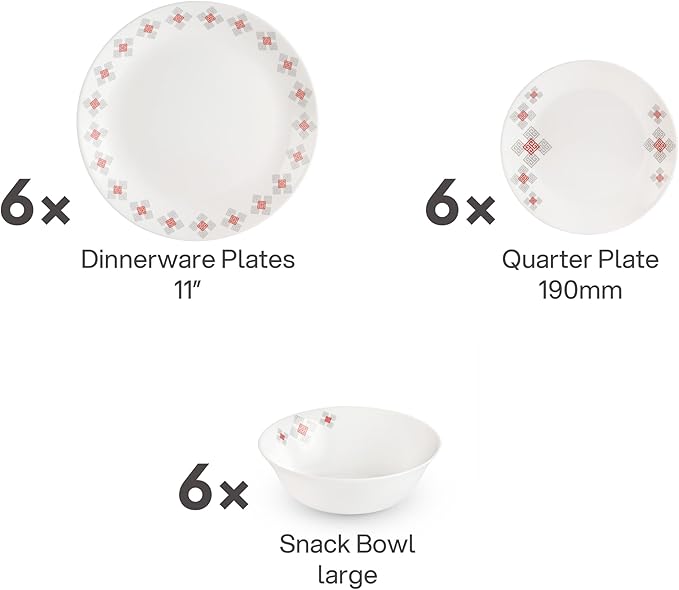 Cello Regal Dinnerware Set of 18 pieces, Service for 6, Chip & Scratch Resistant, Lightweight Round Plates and Bowls Set, Microwave & Dishwasher safe, Opalware Dinner Set, Block Buster