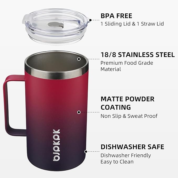 BJPKPK Insulated Coffee Mug with 2 Lids, 25oz Stainless Steel Insulated Tumbler with Handle, Double Wall Vacuum Coffee Cups, BPA Free Travel Mug for Coffee, Tea and Drinks, Charming Red & Blue