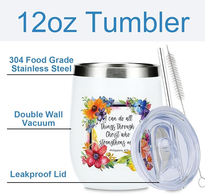 Inspirational Pray Christian Gifts for Women Wine Tumbler Insulated Wine Glasses 12 oz Tumbler with Lid Bible Verse Religious Gifts for Female Girls Mom Grandma Coworker Birthday Christmas Anniversary