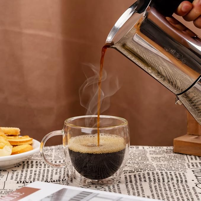 Double Wall Glass Espresso Cups 5oz/150ml, A set of 2, Thermo Insulated Borosilicate Glass Cups with Handle