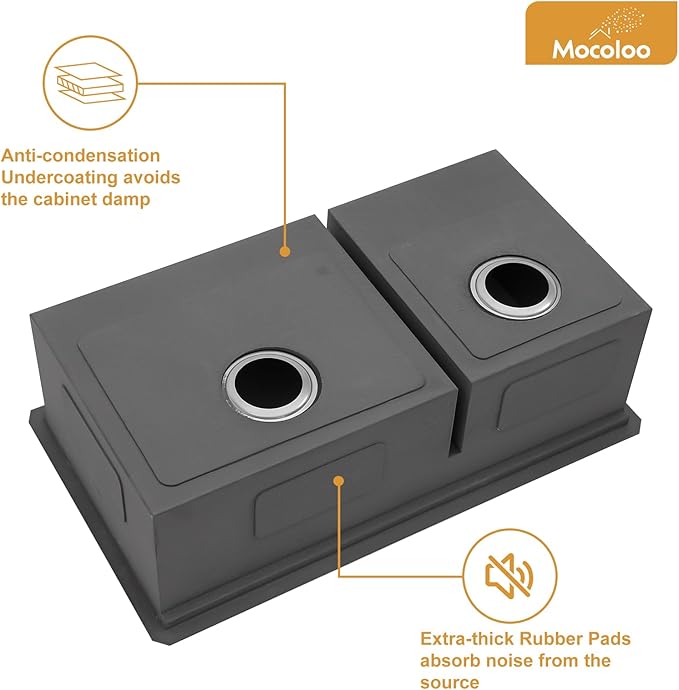 Mocoloo Double Bowl Kitchen Sinks - 60/40 Undermount Double Bowl 16 Gauge Low Divide Workstation 33 x 19 Inch Stainless Steel Kitchen Sink Handmade, 10'' Deep Basin