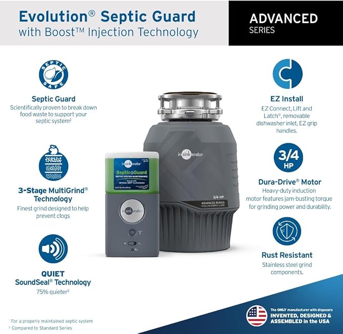 InSinkErator Evolution Septic Guard 3/4 HP Garbage Disposal, Advanced Series EZ Connect Continuous Feed Food Waste Disposer BOOST System with Septic Guard