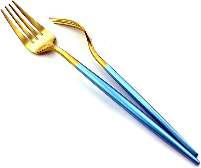 Gugrida 20 Pieces Matte Gold Blue Handle 18/10 Stainless Steel Silverware Set, Flatware Set Titanium Black Cutlery Set, Utensils Set for Home Restaurant Service Set for 4, Dishwasher Safe (Blue Gold)