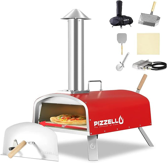16" Outdoor Pizza Oven Propane & Wood Fired Stainless Steel Pizza Grill with Gas Burner, Wood Tray Pizza Stone, Pizza Peel, Carry Bag (Red)