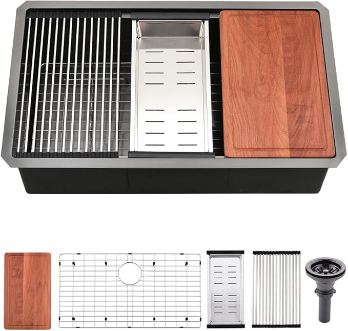 30 Inch Undermount Kitchen Sink Black Stainless Steel Deep Commercial 16 Gauge Single Bowl Undermount Workstation Sink