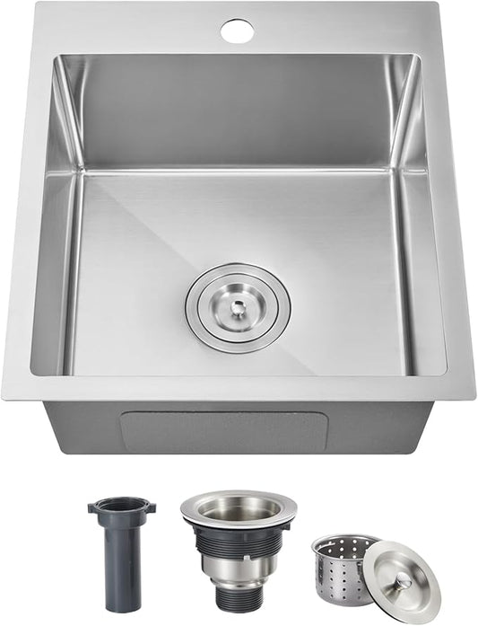 ROVOGO 17x19x8 in. Bar Sink Drop in, Top Mount Kitchen Sink Single Bowl 304 Stainless Steel, Small Wet Bar Prep Sinks with 1 Hole, Brushed