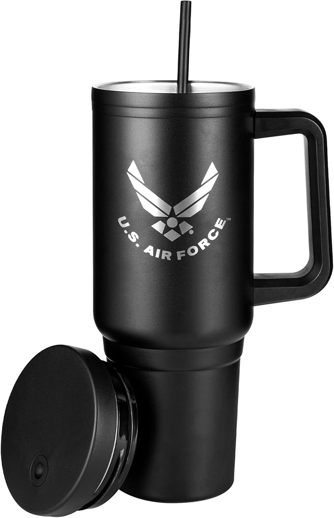 40oz USAF Tumbler with Handle, Leakproof Lid & Straw-Laser-Engraved Air Force Logo - Gifts for Airmen - USAF 40oz Tumbler