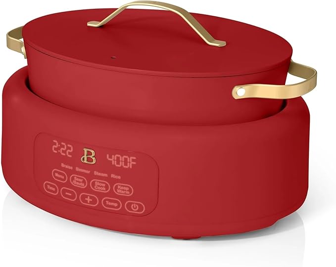 Beautiful 10-in-1 Electric Multi-Cooker by Drew Barrymore, 6-quart, digital display, 10 cooking functions, non-stick pot, easy one-touch control (Tomato Red)