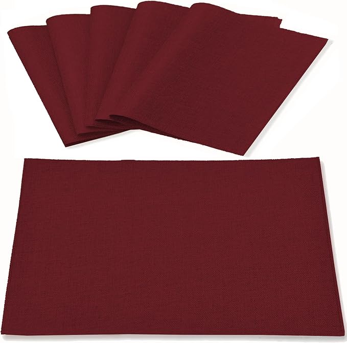Linen Fabric Placemats Set of 6, Machine Washable, Heat Resistant, Wrinkle Free, Thick Polyester Kitchen Place Mats for Dining Table (Burgundy)