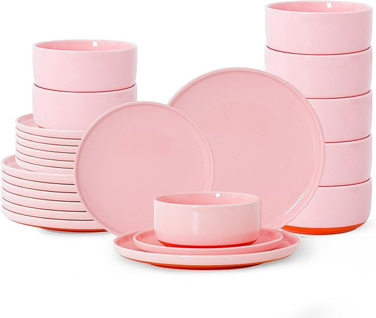 24 Piece Ceramic Dinnerware Set for 8, Modern Minimalist Stoneware Dinner Plates and Bowls, Microwave Safe, Dishwasher Safe, Versatile for All Seasons, Pink