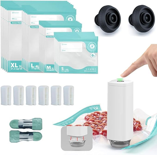 31 PCS Electric Vacuum Sealer, Sous Vide Bags, Portable Mini Vacuum Sealer with 20Pcs Reusable Food Saver Sealer Bags, 4 Sealing Clip, 2 Clips for Sous Vide Cooking, 2 vacuum wine stoppers