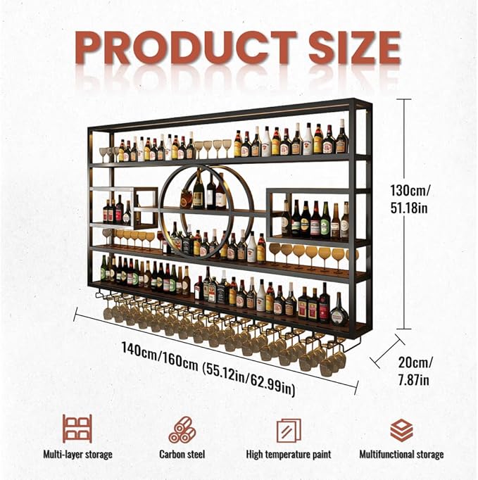 55" Wall Mounted Wine Rack with LED Light, 4 Tiers Bottle & Glass Holder, Metal Retro Wine Stand, Liquor Bottles Display Wall Storage Organizer, for Kitchen Dining Room Home Bar,55x8x51 inch