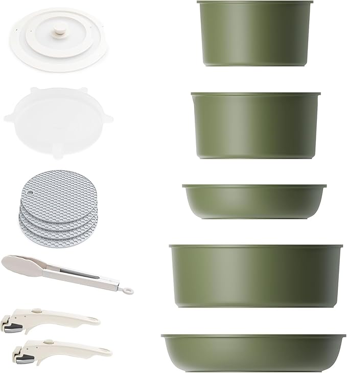Caannasweis Detachable Nonstick Cookware Set - Stackable Induction Pots and Pans With Removable Handles, Dishwasher Safe - For RV Camping, Oven and Stovetop Use, 5 Pieces (Green)