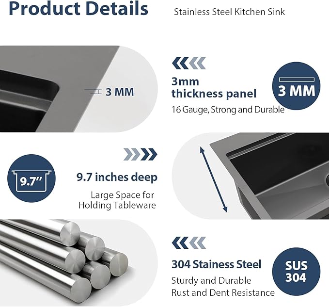 Lordear 33 Black Kitchen Sink Drop in 33x22 Drop Sink Stainless Steel 16 Gauge Gunmetal Black Ledge Workstation Single Bowl Topmount Overcounter Kitchen Sinks Deep Basin