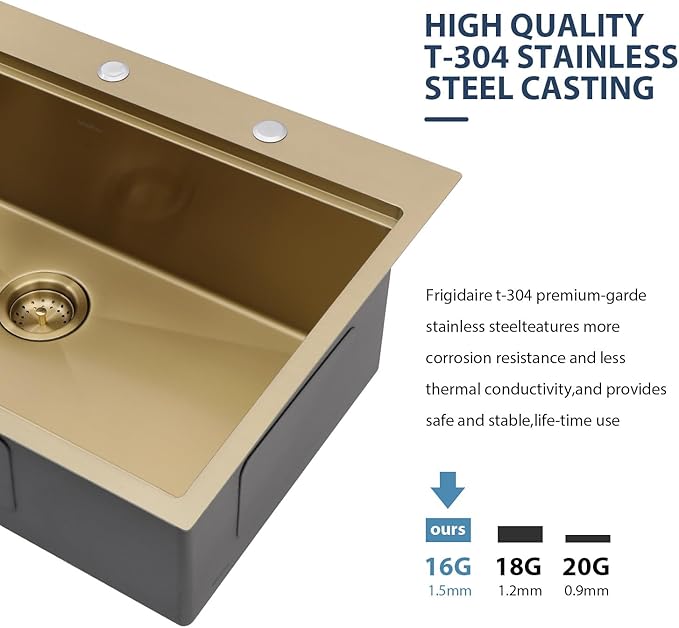 Lordear 33 Inch Drop In Kitchen Sink Gold Brushed 33x22 Workstation Stainless Steel 16 Gauge Single Bowl Handmade Topmount Kitchen Sink with Cutting Board