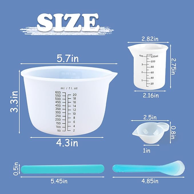 Silicone Measuring Cups Set 600ml/20oz Accurate Scale & 125ml/4.4oz Thickened Reusable Silicone Cups for Resin Molds Silicone Stirring Stick DIY Resin Art Craft Supplies Resin Accessories