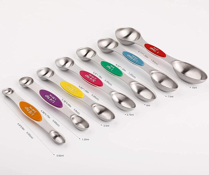 Magnetic Measuring Spoons Set of 7 Stainless Steel Stackable Dual Sided Teaspoon Tablespoon for Measuring Dry and Liquid Ingredients, Fits in Spice Jar
