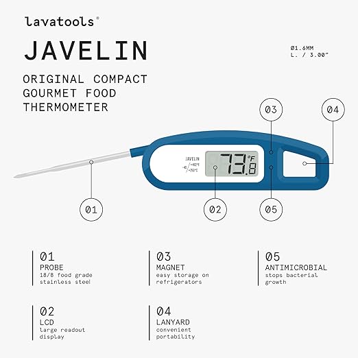 Lavatools Javelin® Ultra-Fast 2-Second Digital Instant Read Meat Thermometer for Grill and Cooking, 2.75" Probe, Compact Foldable Design, Large Display, IP65 Water Resistant, NSF Certified – Milk