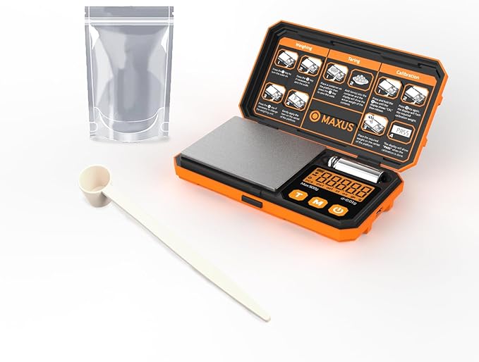 MAXUS 500g x 0.01g Digital Gram Scale with USB and Battery Power, Precision Pocket Scale with 50g Calibration Weight and Self-Sealing Cellophane Bags