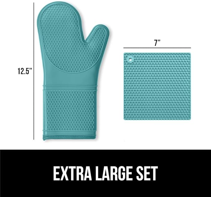 GORILLA GRIP BPA-Free Soft Silicone Oven Mitts and Pot Holders Sets, Heat Resistant Waterproof Cooking Gloves, Thick Cotton Lining, Flexible Gripping for Baking Grilling, Kitchen Trivets, Turquoise