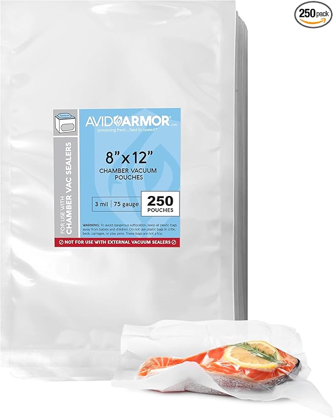 Avid Armor Chamber Vacuum Sealer Bags – Heavy Duty, BPA-Free, Pre-Cut Chamber Vacuum Bags for Food Preservation, Freezer Storage, Sous Vide and more, 250/Pack (8x12) – Multi-Use Vacuum Bags