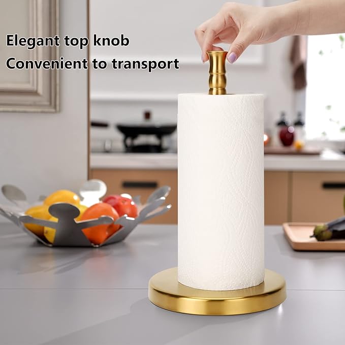 Paper Towel Holder, Stainless Steel Heavy Base (2LBS in Weight, and 6.7inch in Diameter), Gold Brushed Finish, Paper Towel Holder Countertop, Ripping Paper Towel Off One-Handed, No Wobbly