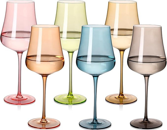 Colored Wine Glasses Set of 6-18oz Hand Blown Colorful Wine glasses - Unique Gift for Birthday,Wedding, housewarming