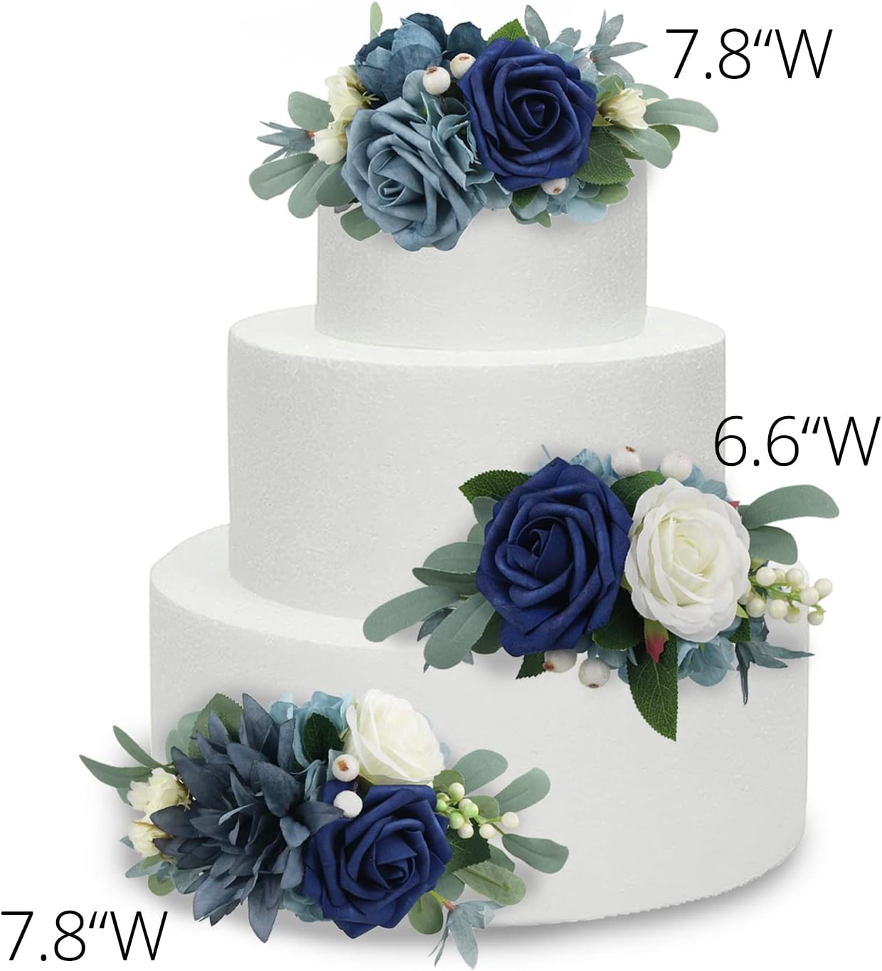 Rinlong 3Pcs Pre-made Cake Toppers Navy Blue Flowers Cake Decorations Wedding Cake Decorating Flowers Decor Birthday Baptism Party Cake Toppers