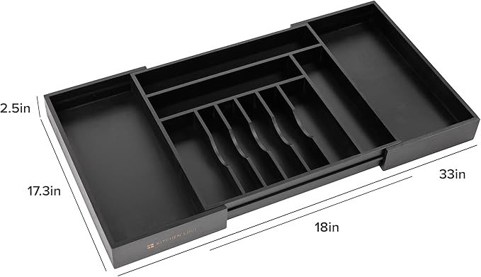 KitchenEdge Premium Silverware, Flatware and Utensil Organizer for Kitchen Drawers, Food-Safe Contract Grade, Expandable from 18 to 33 In, Black Bamboo