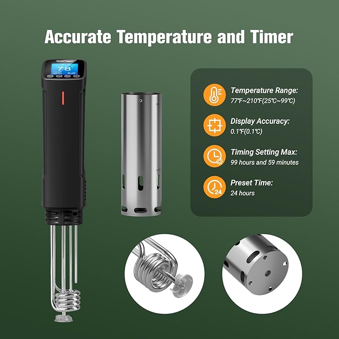 2.4g Wifi Sous Vide Cooker CharMeter Sous Vide Machine CSV-100-W, 1000 Wattts Sous-Vide Cooker Immersion Circulator App Control with 14 Preset Recipes, Calibration Function,Fast-Heating with Timer