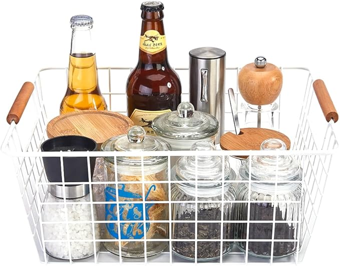 LeleCAT Large white wire baskets with Wooden Handles for storage pantry, Storage Organizer Baskets, Household Refrigerator for Cabinets, Closets, Bedrooms, kitchen - Set of 3 White
