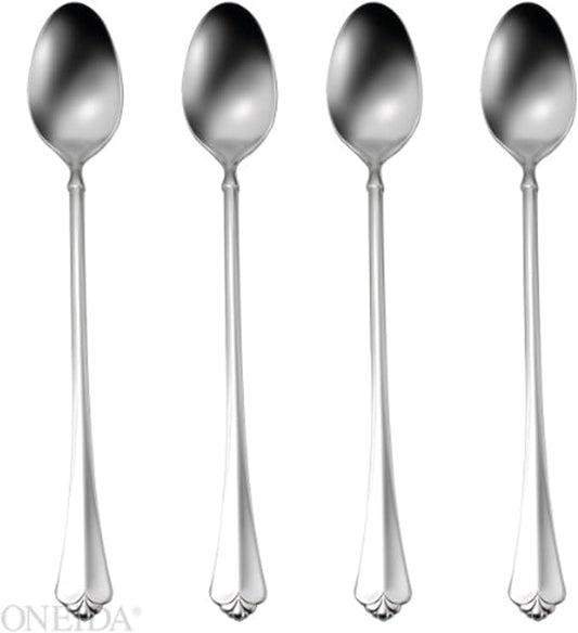 Oneida Silverware Set, Juilliard Fine Flatware 4-Piece Iced Teaspoon Set, Service For 4, Dishwasher Safe 18/10 Stainless Steel, Mirror Finish, Home Kitchen Utensils, Tall Drink Spoons (Silver 4 Piece)